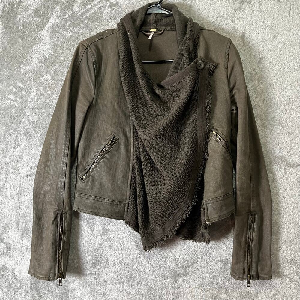 Free People Draped Scarf Collar Faux Leather Jacket Boho Grunge Biker 2 Green